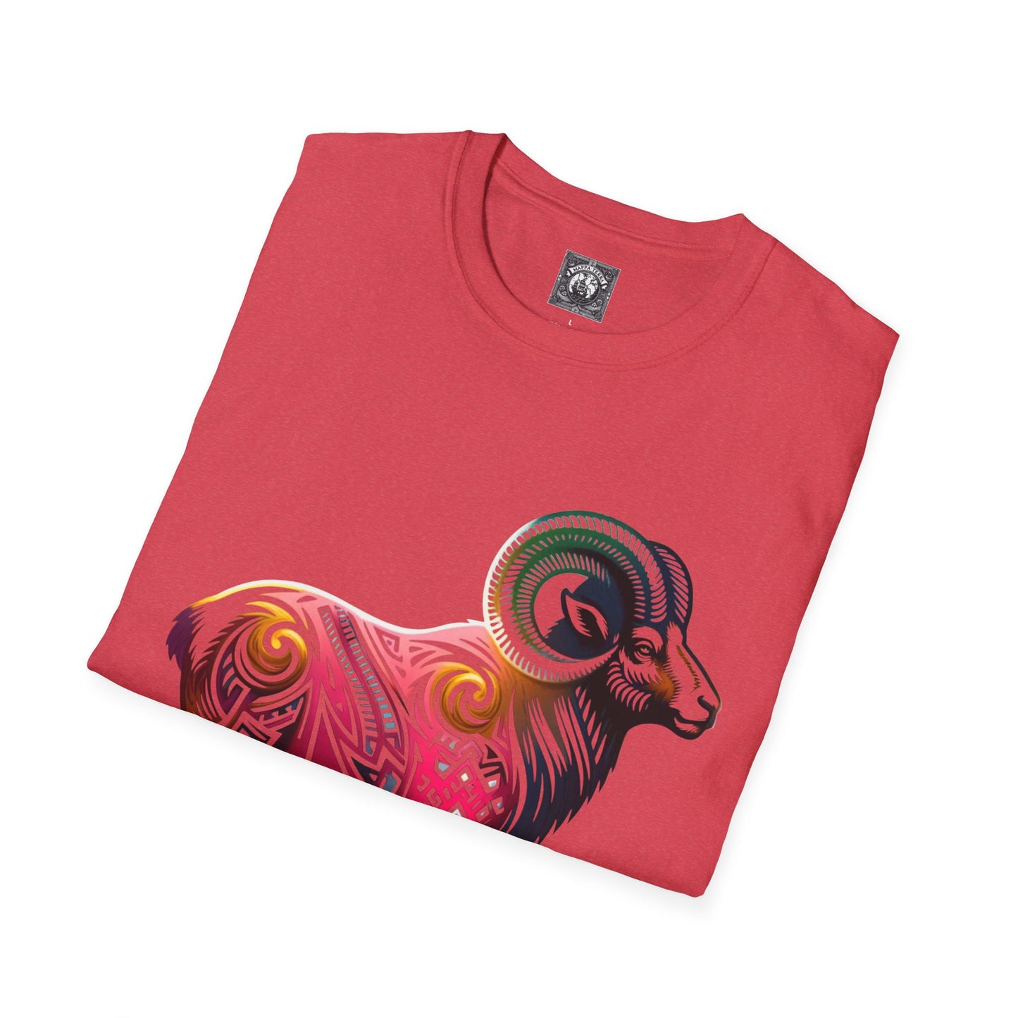 Colorful Tribal Tattoo Style Big Horn Sheep Ram Graphic T-Shirt, Stylish Animal Tee, Unisex Softstyle Shirt, Casual Wear, Birthday Gift, Zodiac Fashion