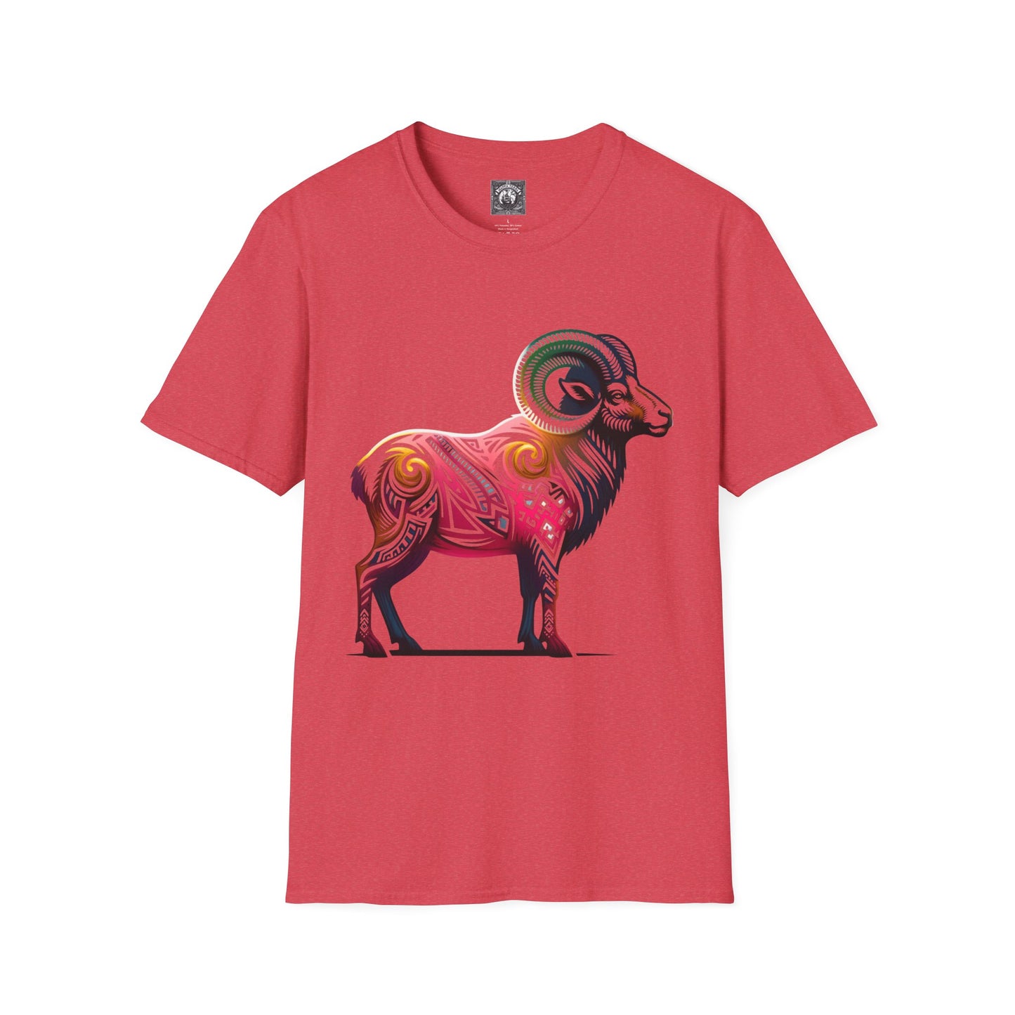 Colorful Tribal Tattoo Style Big Horn Sheep Ram Graphic T-Shirt, Stylish Animal Tee, Unisex Softstyle Shirt, Casual Wear, Birthday Gift, Zodiac Fashion
