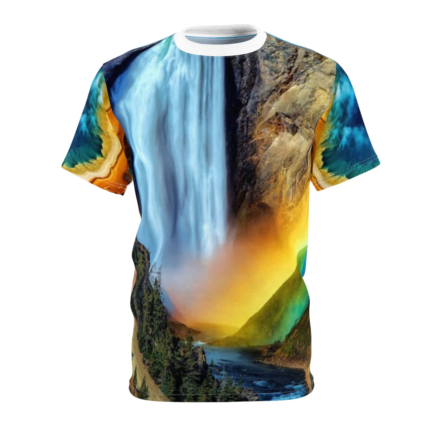 Colorful Yellowstone Falls with Rainbow Unisex Tee - Nature Lover's AOP Shirt, Graphic T-Shirt, Summer Wear, Outdoor Adventure, Gift for Travelers
