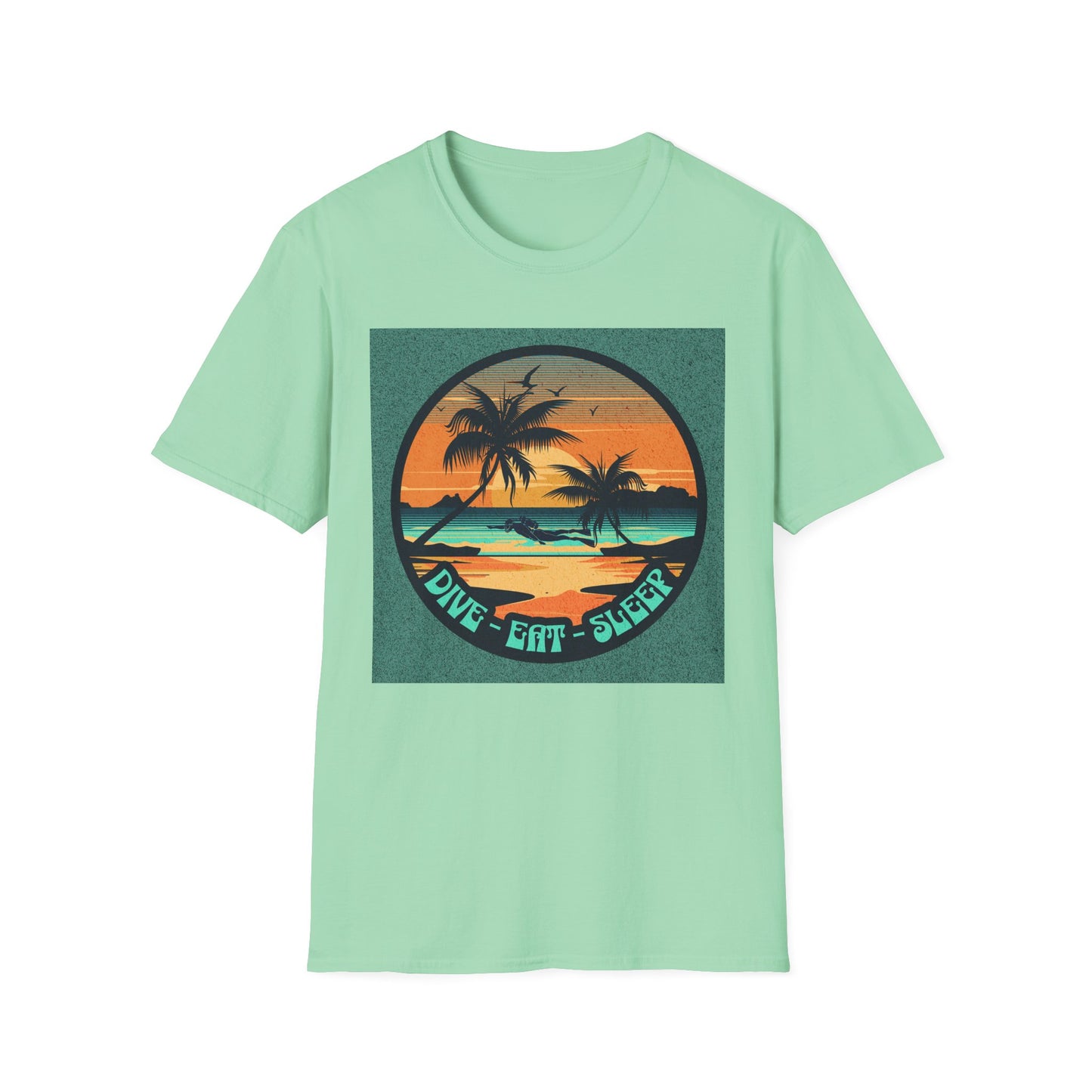 Tropical Sunset Graphic Dive Eat Sleep T-Shirt, Unisex Casual Tee, Perfect for Beach Days, Gifts for Vacation Lovers, Summer Vibe Apparel, Fun Relaxed Wear