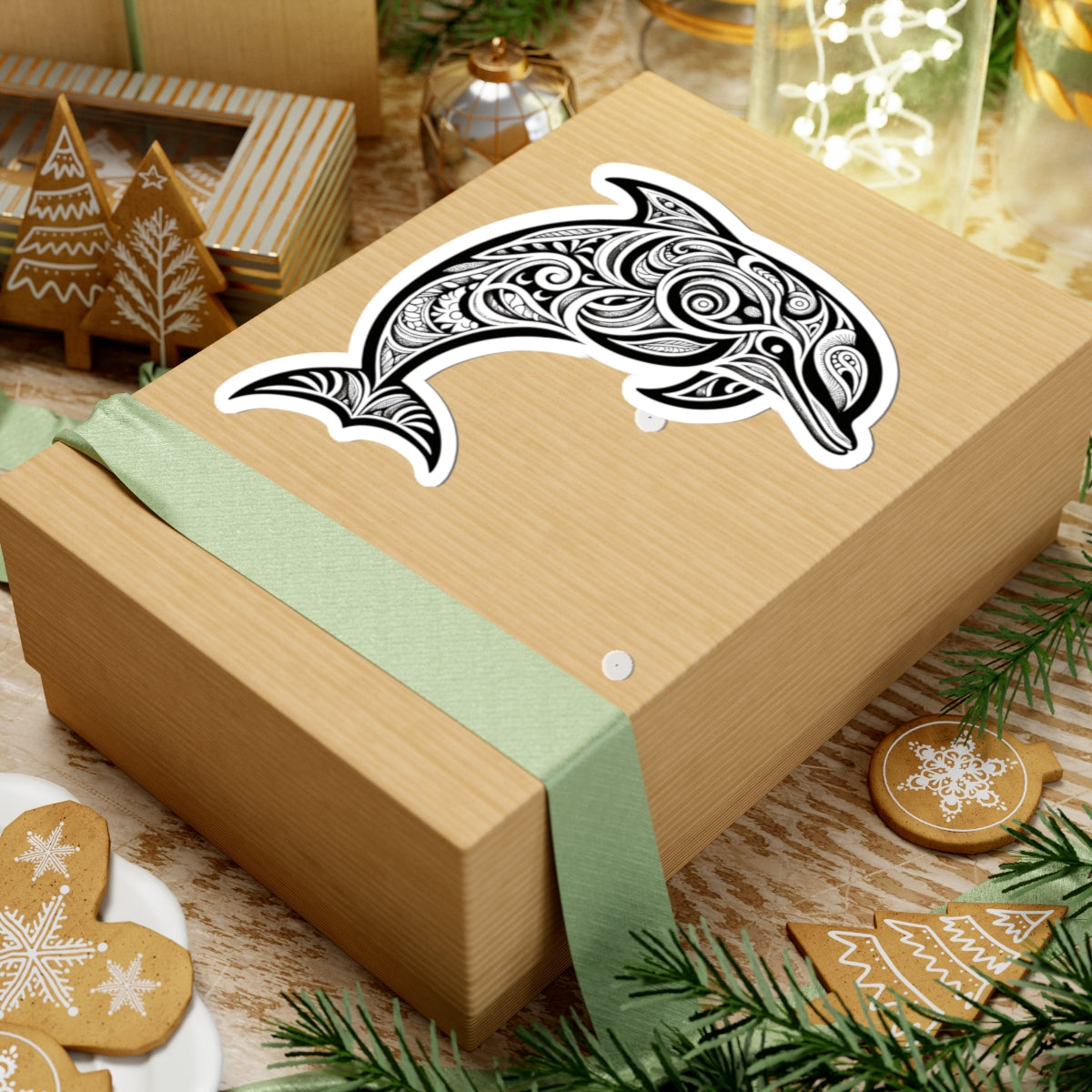 Dolphin Tribal Tattoo Design Kiss-Cut Sticker | Ocean Aesthetic Vinyl Decals | Laptop, Water Bottle, Journal Decor, Gifts for Marine Lovers