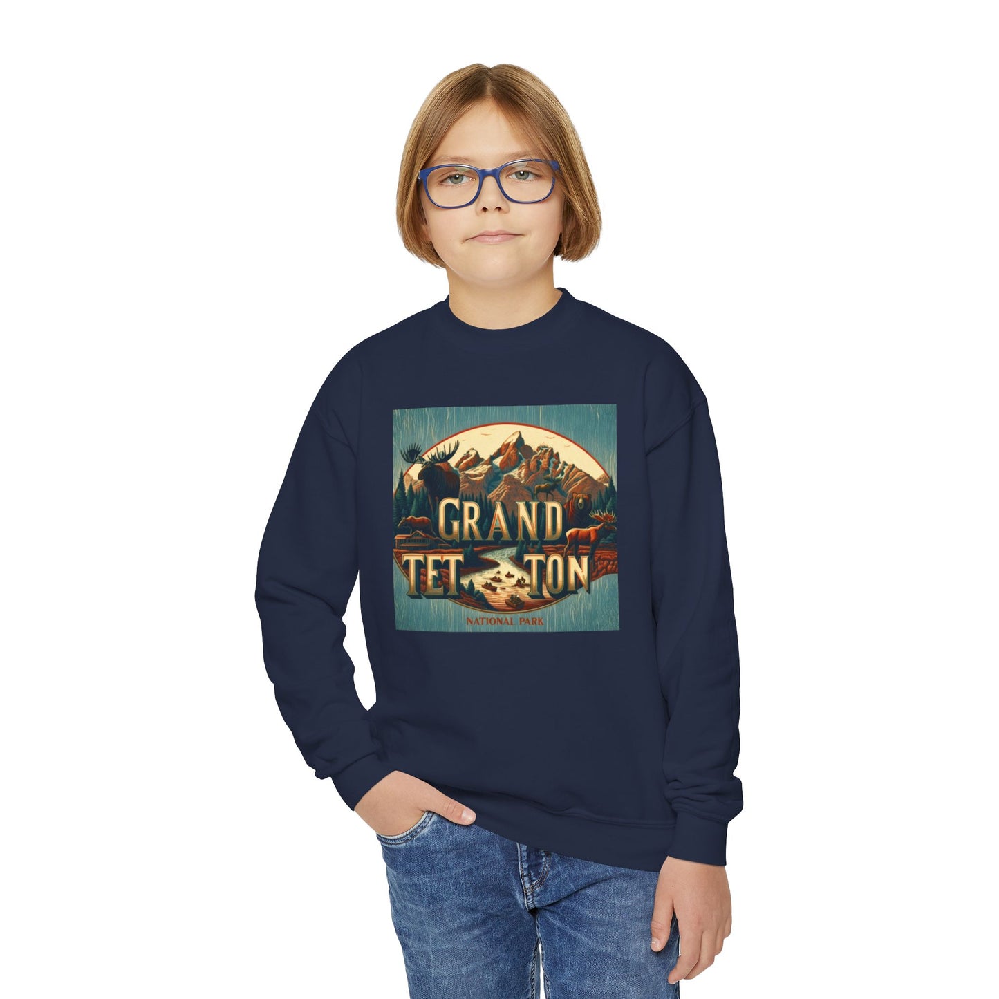 Vintage Grand Teton Youth Crewneck Sweatshirt, Cozy Youth Sweater, Outdoor Adventure Gift, Trendy Kids Fashion, Nature Lover Apparel