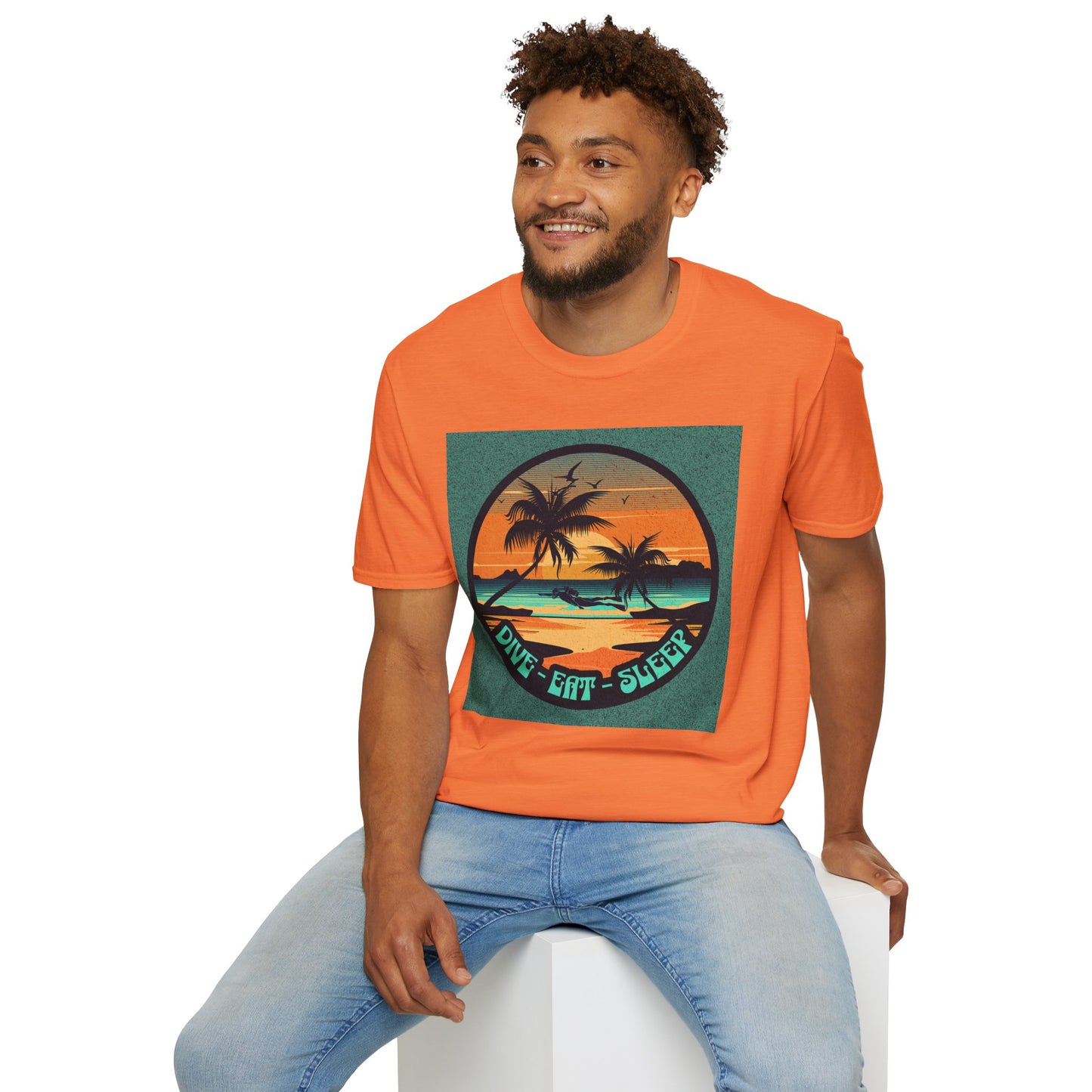 Tropical Sunset Graphic Dive Eat Sleep T-Shirt, Unisex Casual Tee, Perfect for Beach Days, Gifts for Vacation Lovers, Summer Vibe Apparel, Fun Relaxed Wear