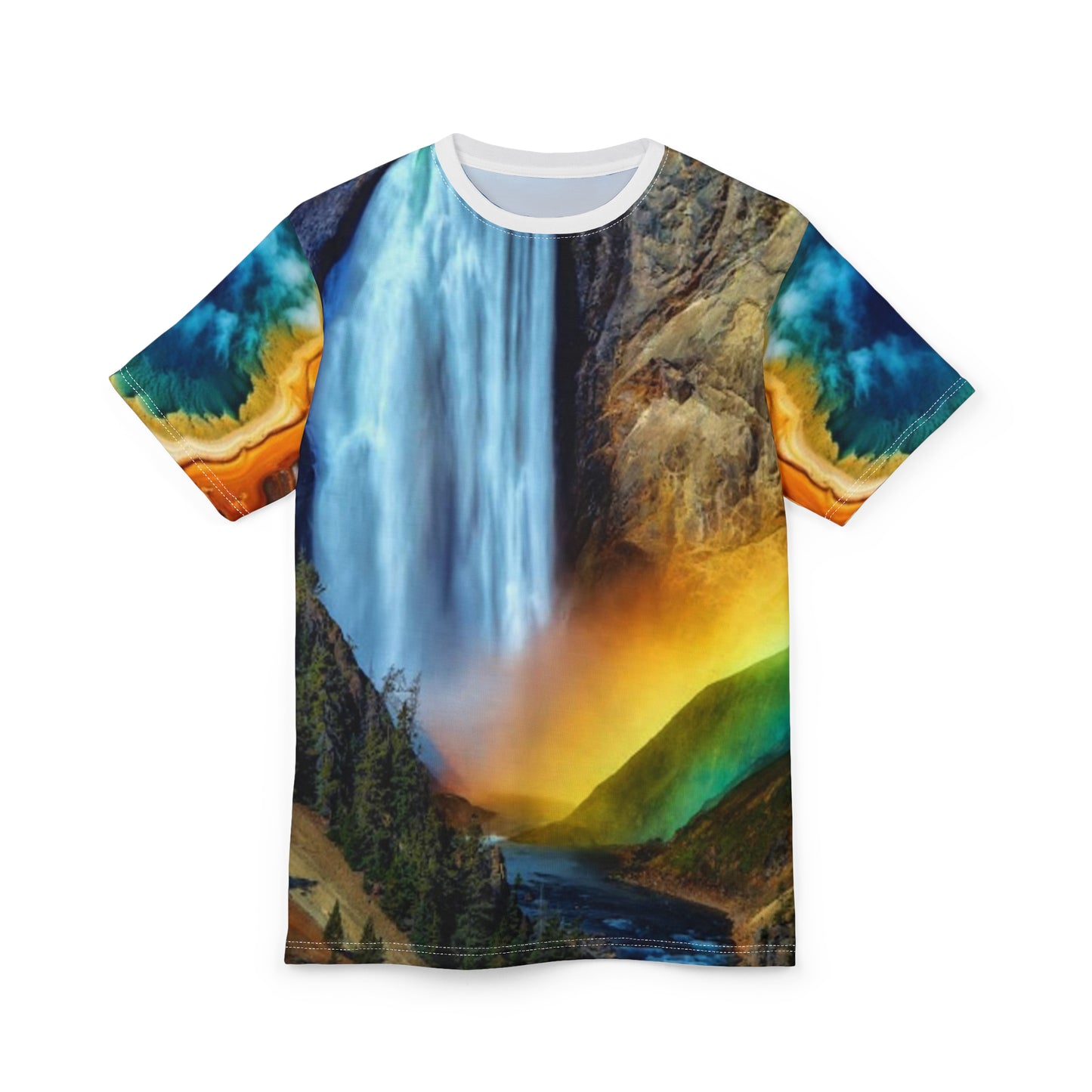 Colorful Yellowstone Falls with Rainbow Unisex Tee - Nature Lover's AOP Shirt, Graphic T-Shirt, Summer Wear, Outdoor Adventure, Gift for Travelers