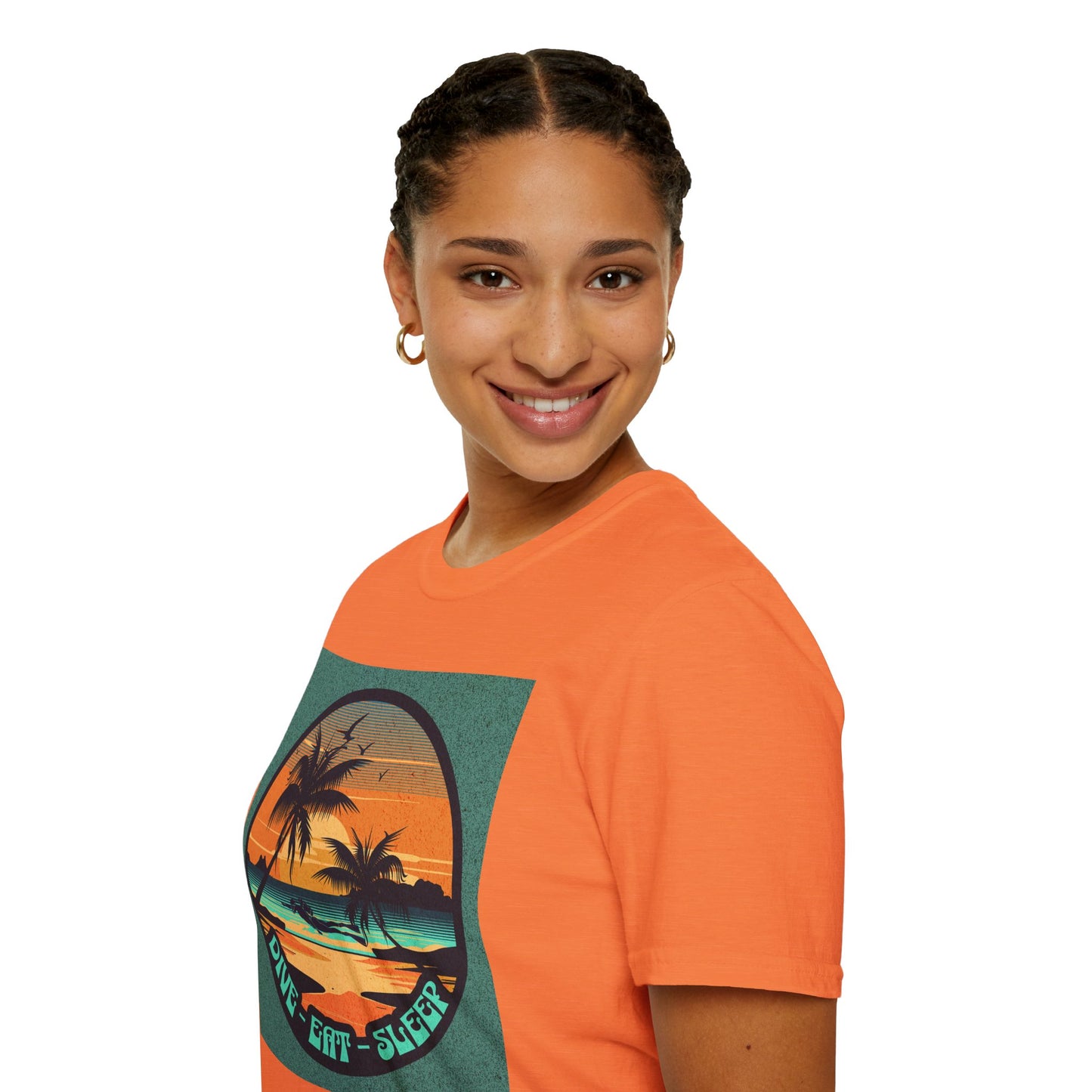 Tropical Sunset Graphic Dive Eat Sleep T-Shirt, Unisex Casual Tee, Perfect for Beach Days, Gifts for Vacation Lovers, Summer Vibe Apparel, Fun Relaxed Wear