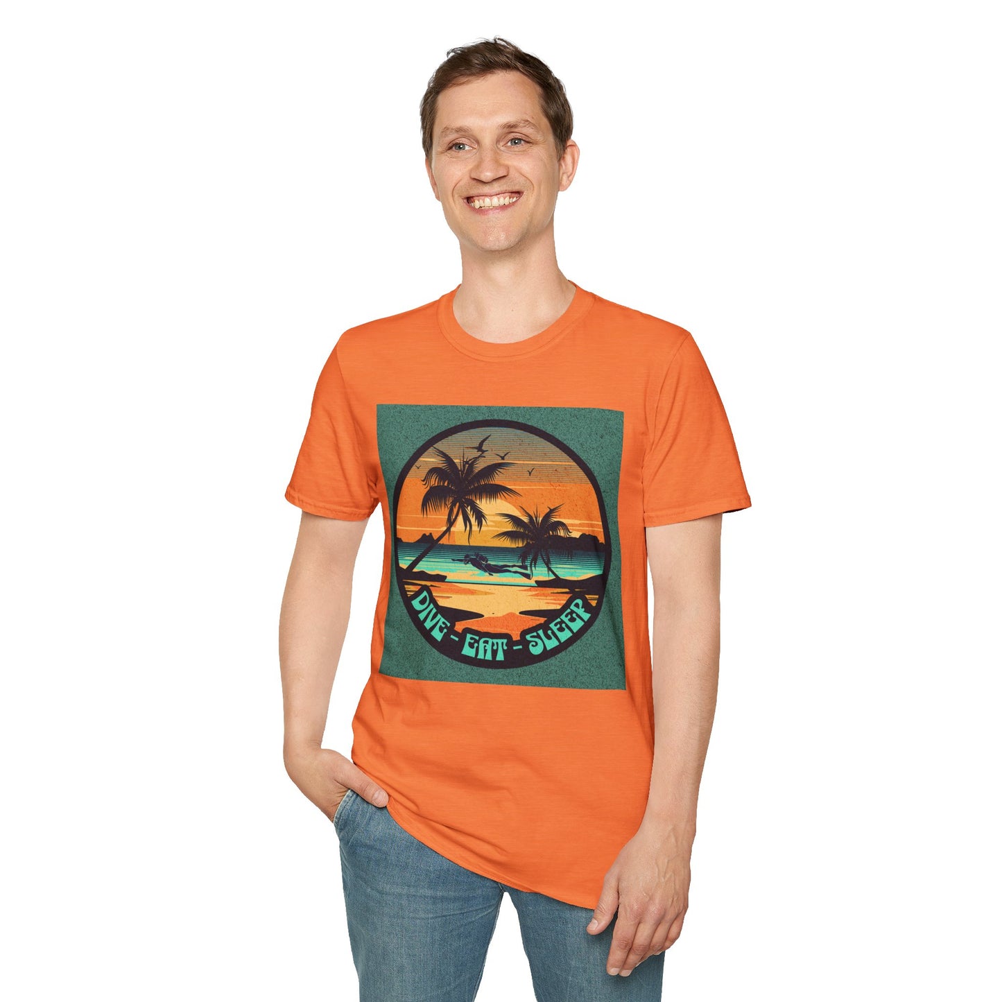 Tropical Sunset Graphic Dive Eat Sleep T-Shirt, Unisex Casual Tee, Perfect for Beach Days, Gifts for Vacation Lovers, Summer Vibe Apparel, Fun Relaxed Wear