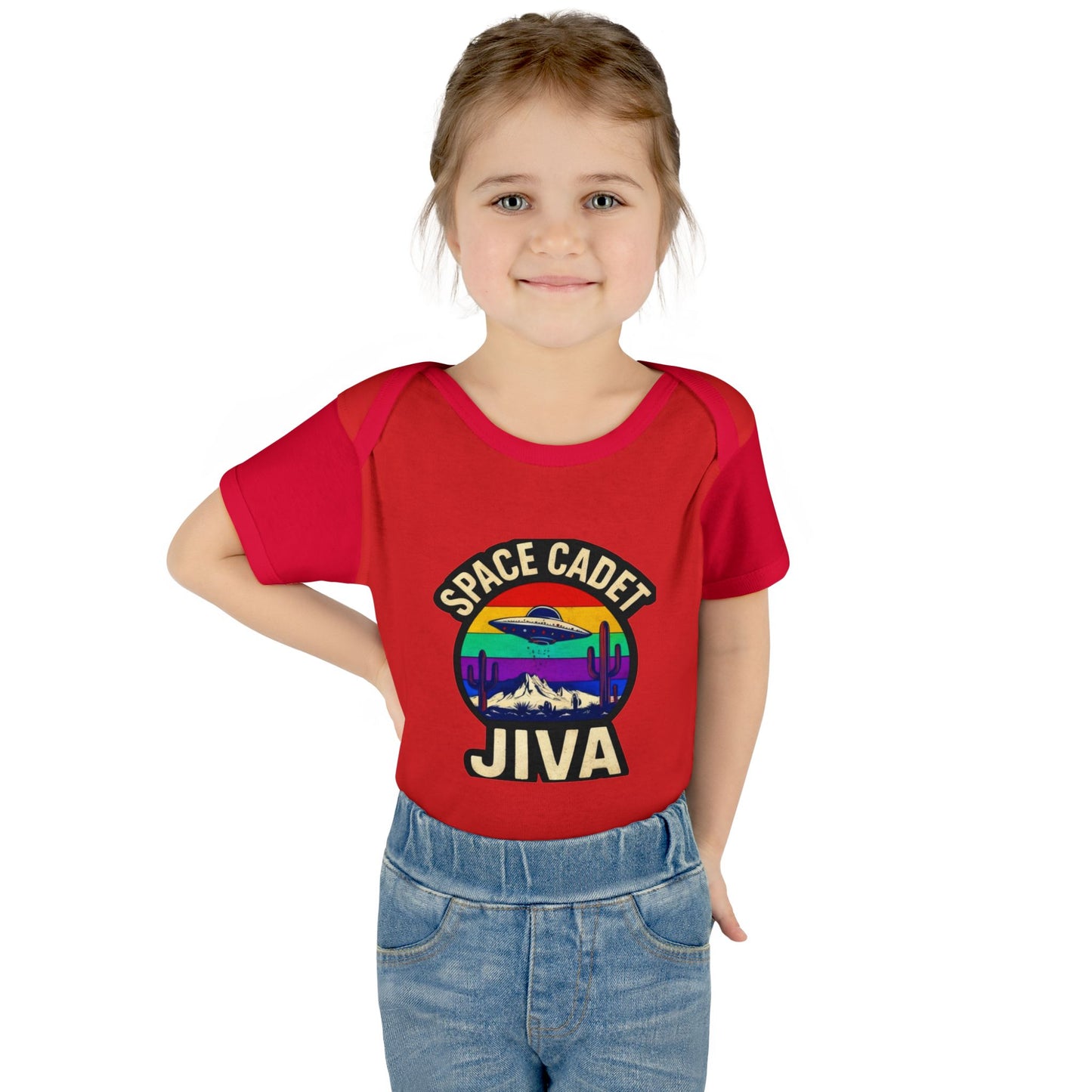 Infant Onesie Bodysuit — "Space Cadet Jiva" Retro Spaceship Baby Black Onsie One-Piece and Customize With Your Baby Name or Nickname