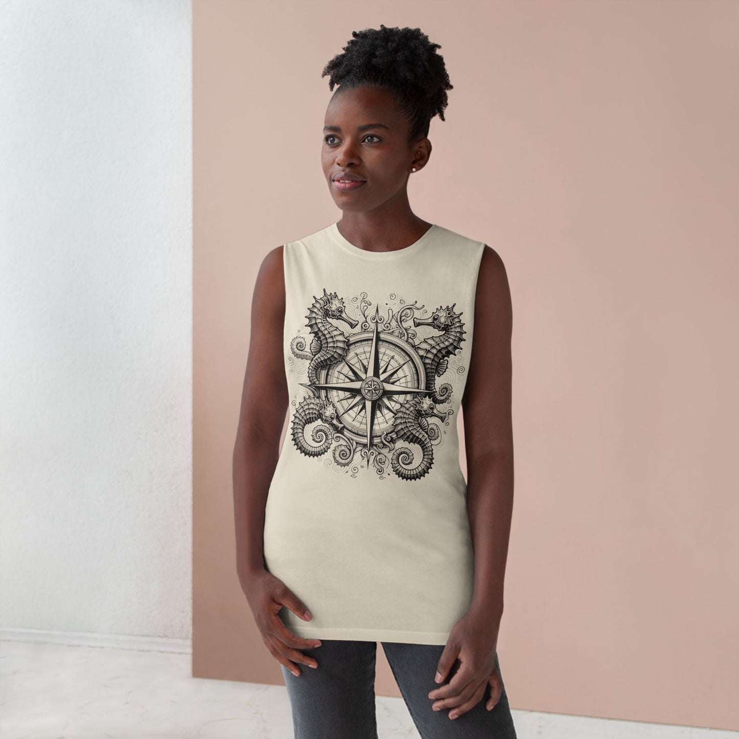 Seahorse Compass Rose Tank with Seahorse design, Bohemian Unisex Top, Nautical Theme Shirt, Summer Casual Wear, Beach Day Outfit, Gift for Adventurers