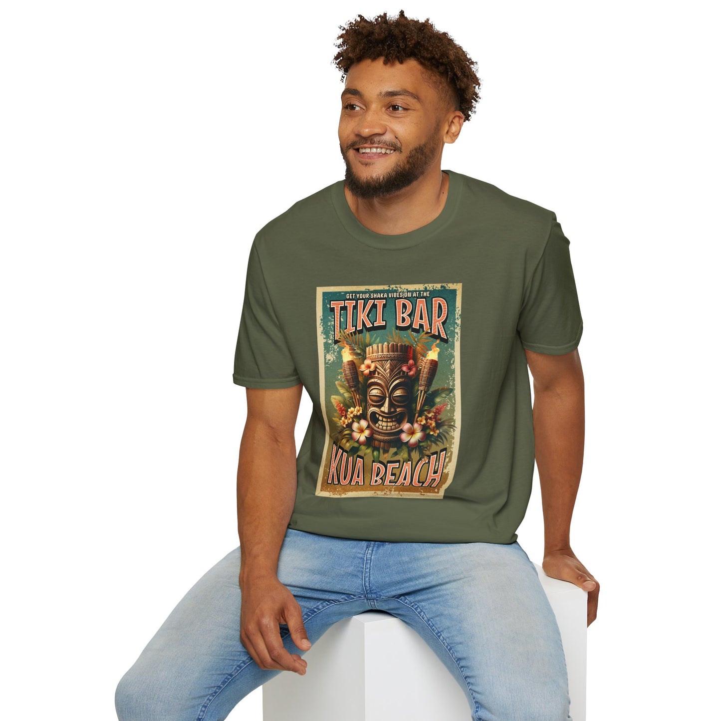 Tiki Bar Kua Beach Hawaii Unisex Softstyle T-Shirt - Tiki Bar Design with Totem, Perfect for Summer Parties and Beach Day