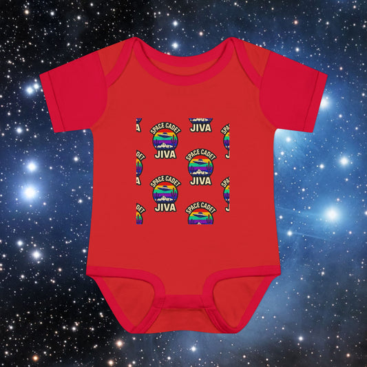 Infant Onesie Bodysuit — "Space Cadet Jiva" Retro Spaceship Baby Black Onsie One-Piece and Customize With Your Baby Name or Nickname