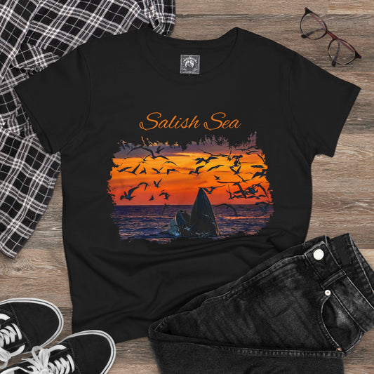Women's Salish Sea Humback Whale Sunset Graphic Tee - Salish Sea, Casual Beachwear, Summer Top, Gift for Nature Lovers, Vacation Outfit
