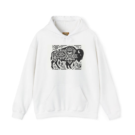 Buffalo Tribal Print Unisex Hooded Sweatshirt, Cozy Casual Wear, Gift for Nature Lovers, Perfect for Fall, Eco-Friendly Fashion