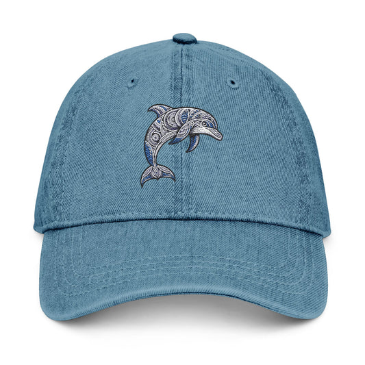 Colorful Embroidered Denim Hat with Tribal Dolphin | Stylish Casual Accessory, Dolphin Lover Gift, Summer Fashion, Unique Dad Hat