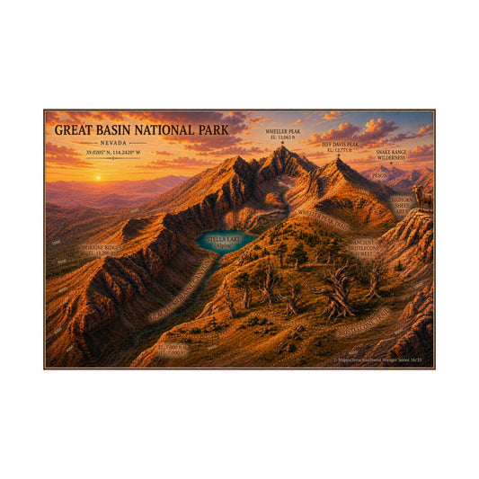 Great Basin National Park Wheeler Peak Matte Horizontal Poster — Vintage Topographic Map Art