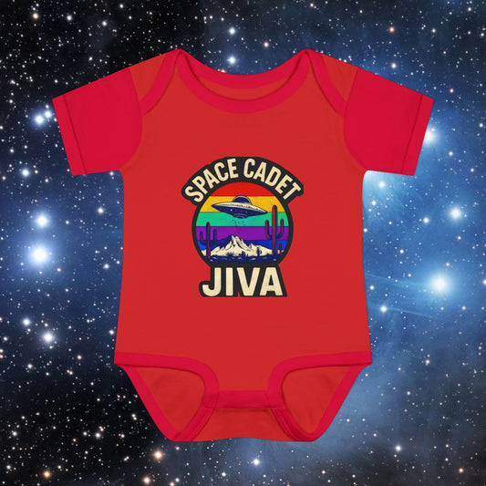 Infant Onesie Bodysuit — "Space Cadet Jiva" Retro Spaceship Baby Black Onsie One-Piece and Customize With Your Baby Name or Nickname