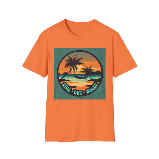 Tropical Sunset Graphic Dive Eat Sleep T-Shirt, Unisex Casual Tee, Perfect for Beach Days, Gifts for Vacation Lovers, Summer Vibe Apparel, Fun Relaxed Wear