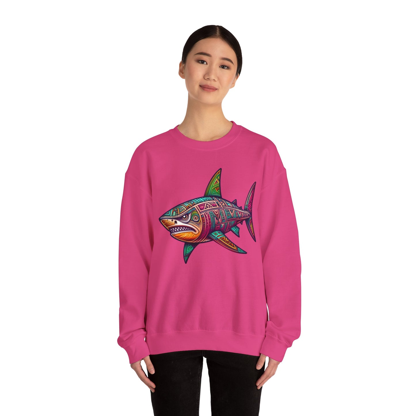 Unisex Great White Shark Tribal Style Crewneck Sweatshirt - Fun and Casual Design for Your Shark Lovers Hot Pink