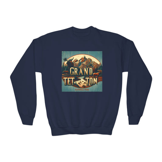 Vintage Grand Teton Youth Crewneck Sweatshirt, Cozy Youth Sweater, Outdoor Adventure Gift, Trendy Kids Fashion, Nature Lover Apparel