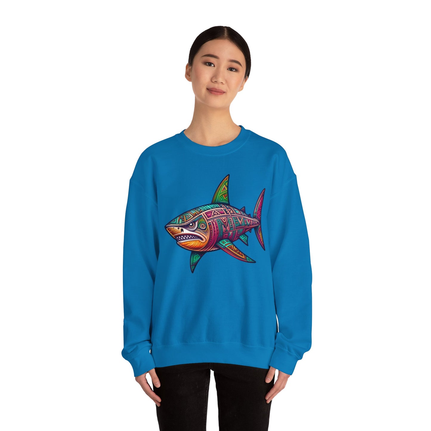 Unisex Great White Shark Tribal Style Crewneck Sweatshirt - Fun and Casual Design for Your Shark Lovers Hot Pink