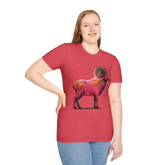 Colorful Tribal Tattoo Style Big Horn Sheep Ram Graphic T-Shirt, Stylish Animal Tee, Unisex Softstyle Shirt, Casual Wear, Birthday Gift, Zodiac Fashion
