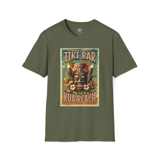 Tiki Bar Kua Beach Hawaii Unisex Softstyle T-Shirt - Tiki Bar Design with Totem, Perfect for Summer Parties and Beach Day